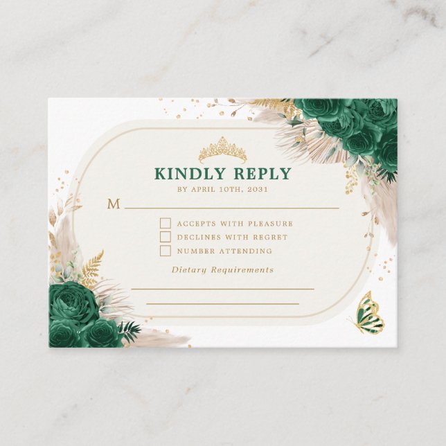 Emerald Green Quinceanera Crown Princess RSVP  Enclosure Card (Front)