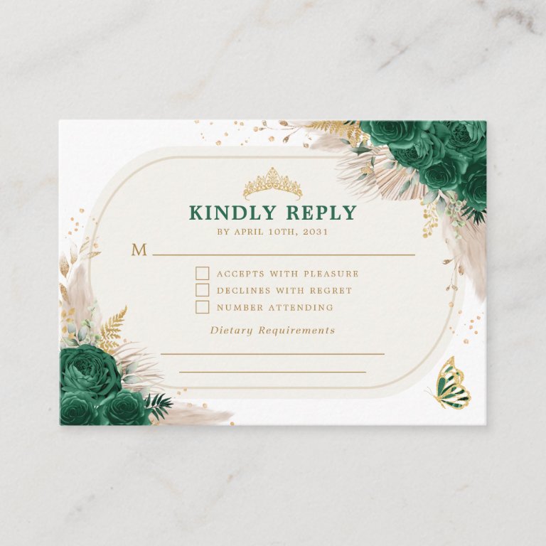 Emerald Green Quinceanera Crown Princess RSVP Enclosure Card