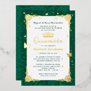 Emerald Green Quinceañera Elegant Butterfly Foil Invitation