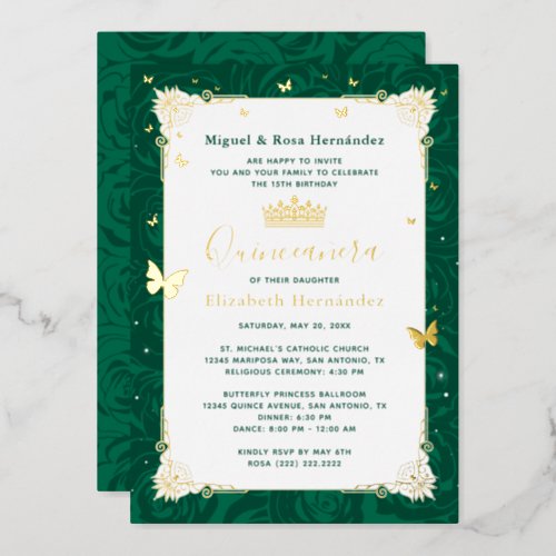 Emerald Green Quinceaera Elegant Butterfly Foil Invitation