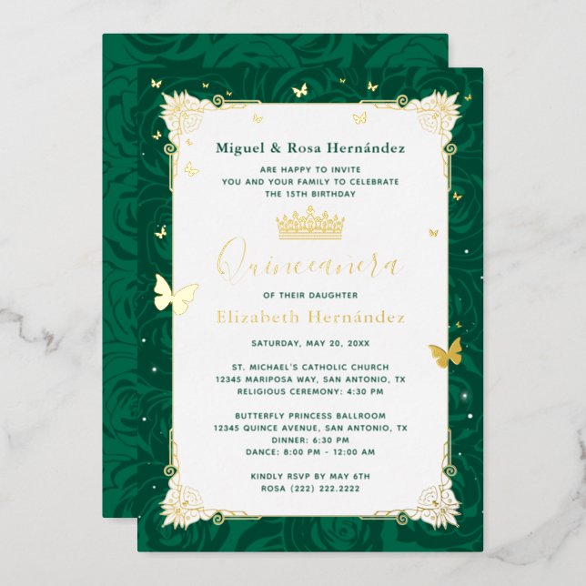 Emerald Green Quinceañera Elegant Butterfly Foil Invitation (Front/Back)