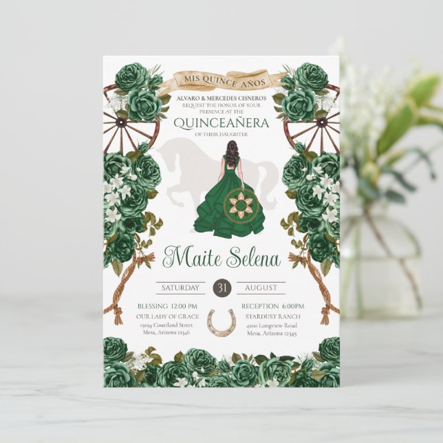 Emerald Green Quinceanera Elegant Rose Charro Invitation (Standing Front)