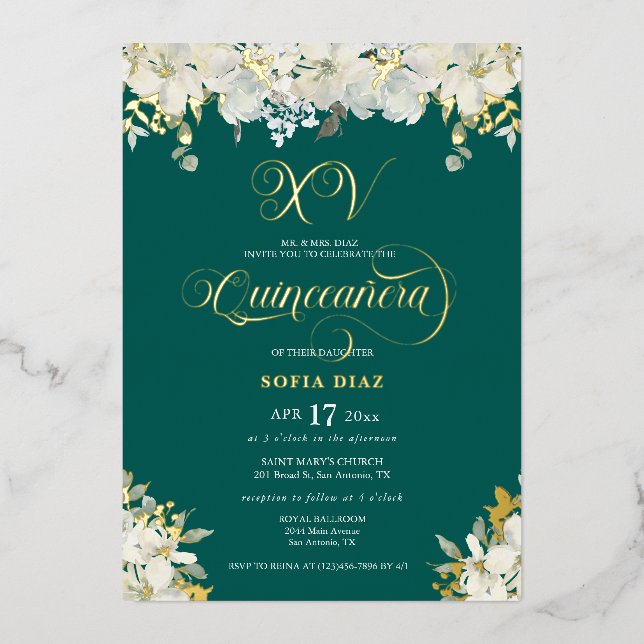 Emerald Green Quinceañera Floral Gold Foil Invitation (Front)