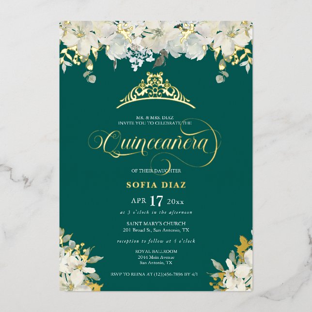 Emerald Green Quinceañera Floral Gold   Foil Invitation (Front)