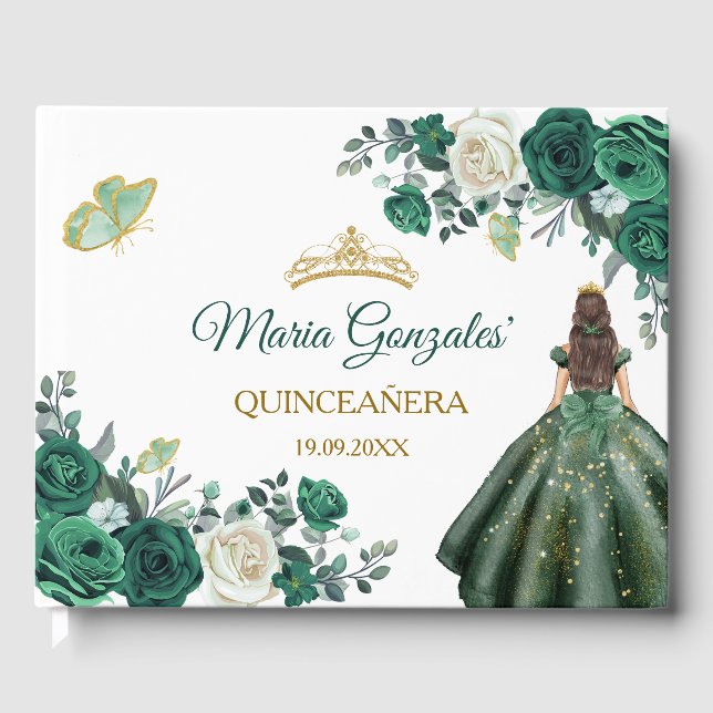 Emerald Green Quinceañera Floral Guest Book (Front)