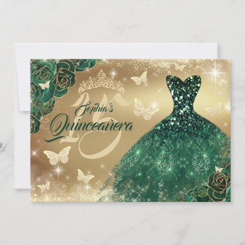 Emerald Green Quinceanera Flower Sparkle Dress  Invitation