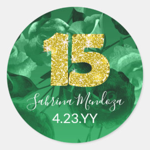 Emerald Green Quinceanera Gold #15 Classic Round Sticker