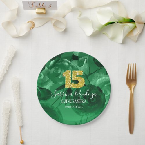 Emerald Green Quinceanera Gold 15  Paper Plates