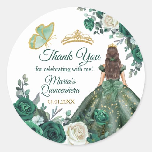 Emerald Green Quinceaera Gold Crown  Classic Round Sticker