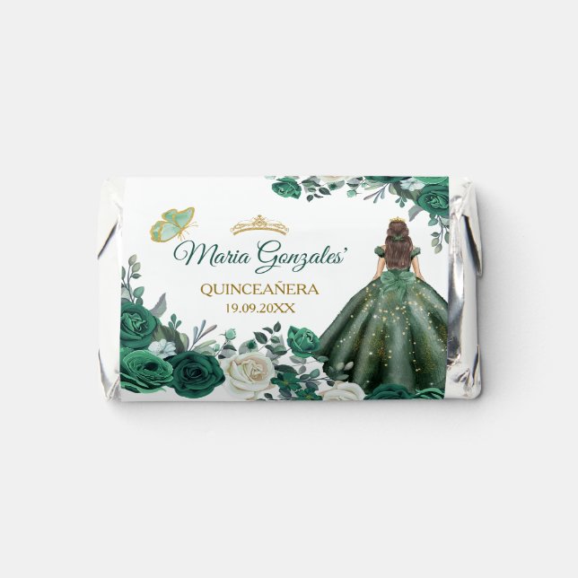 Emerald Green Quinceañera Gold Crown Glitter Hershey's Miniatures (Front)