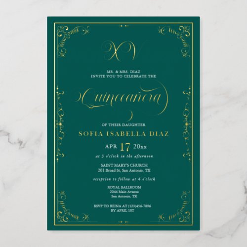 Emerald Green Quinceaera Gold Foil  Foil Invitation