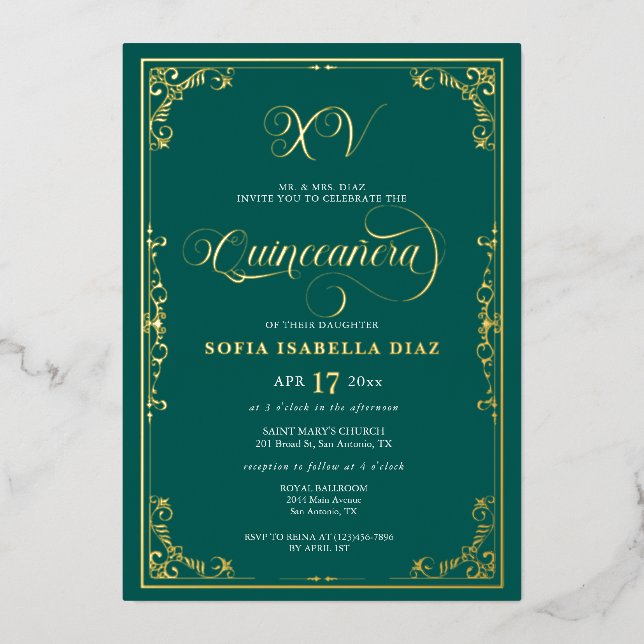 Emerald Green Quinceañera Gold Foil  Foil Invitation (Front)