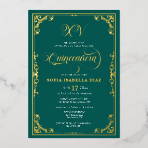 Emerald Green Quinceañera Gold Foil Invitation
