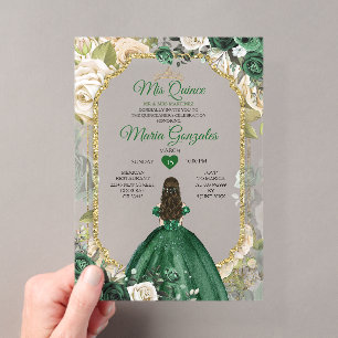 Emerald Green Quinceañera Gold Glitter Floral Acrylic Invitations
