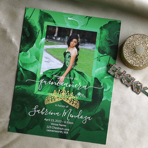 Emerald Green Quinceanera Gold Tiara Invitation