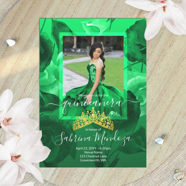 Emerald Green Quinceanera Gold Tiara Invitation (emerald green roses and gold tiara quinceanera invitation, elegant photo border)