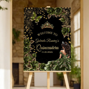 Emerald Green Quinceañera Golden Roses Welcome Foam Board