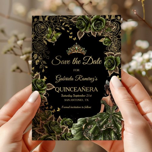 Emerald Green Quinceañera Golden Tiara Butterfly Save The Date