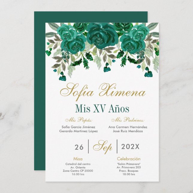 Emerald Green Quinceanera Invitation (Front/Back)