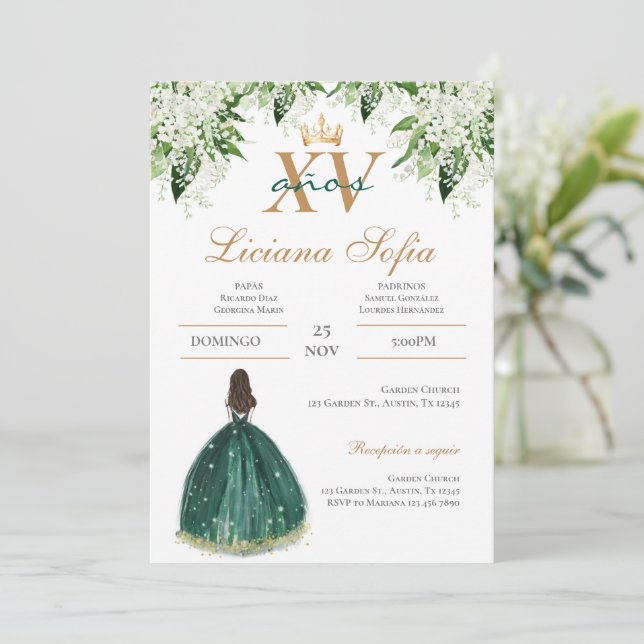 Emerald Green Quinceanera Invitation (Standing Front)