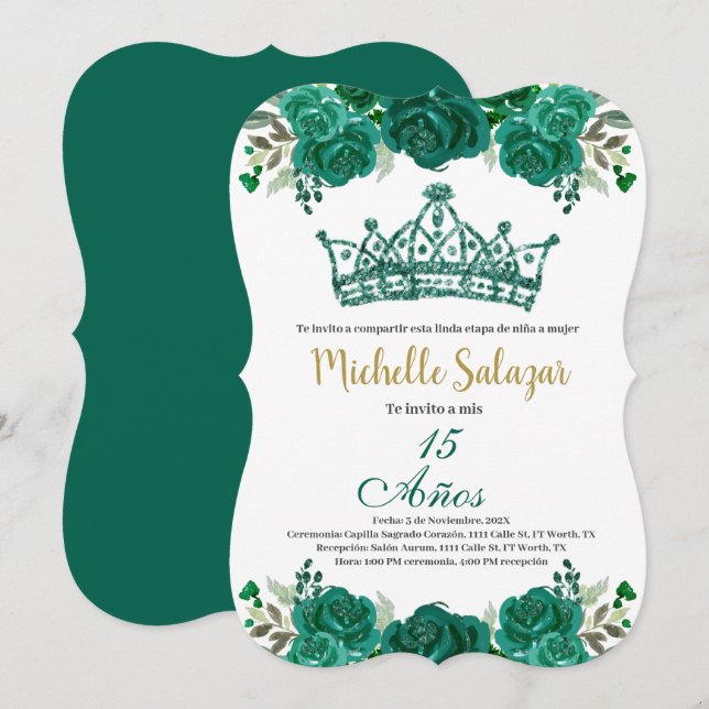 Emerald Green Quinceanera invitation (Front/Back)