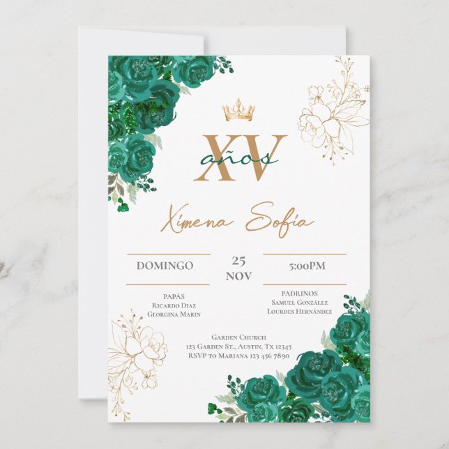 Emerald Green Quinceanera Invitation (Front)