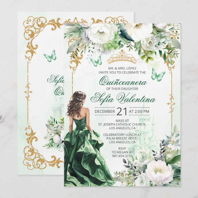 Emerald Green Quinceañera invitation (Front/Back)
