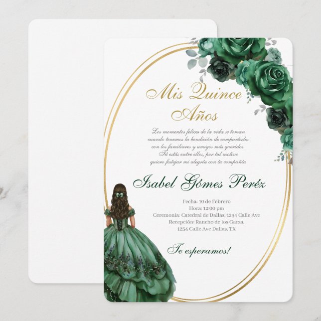 Emerald Green Quinceanera invitation in Spanish (Front/Back)