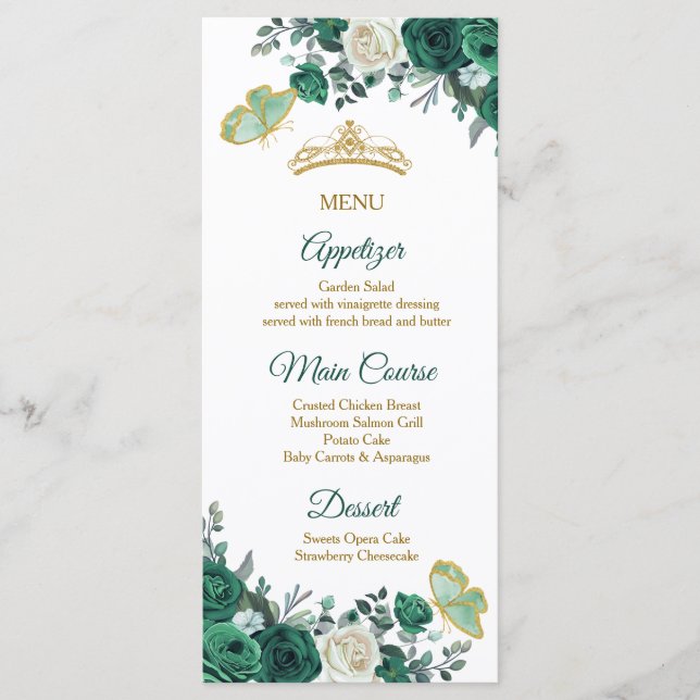 Emerald Green Quinceañera Menu Card (Front)