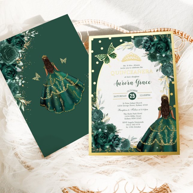Emerald Green Quinceanera Mis Quince 15 Anos Foil Invitation (Creator Uploaded)