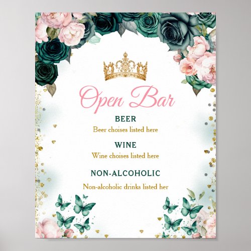 Emerald Green Quinceaera Open Bar Pink Floral Poster