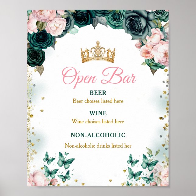Emerald Green Quinceañera Open Bar Pink Floral Poster (Front)