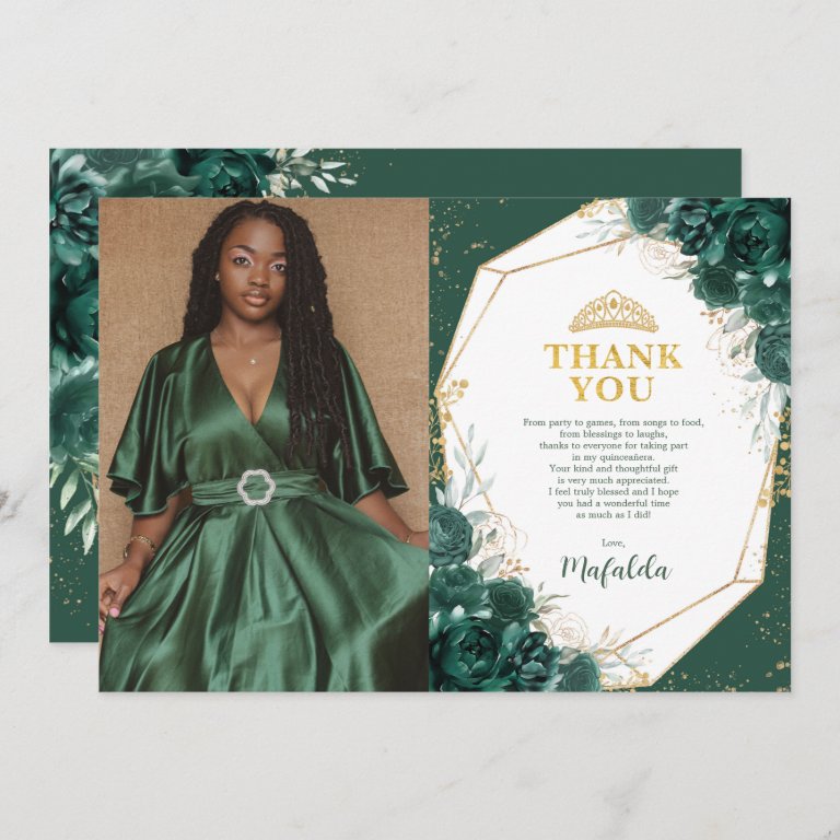 Emerald Green Quincea&#241;era Photo Thank You Card