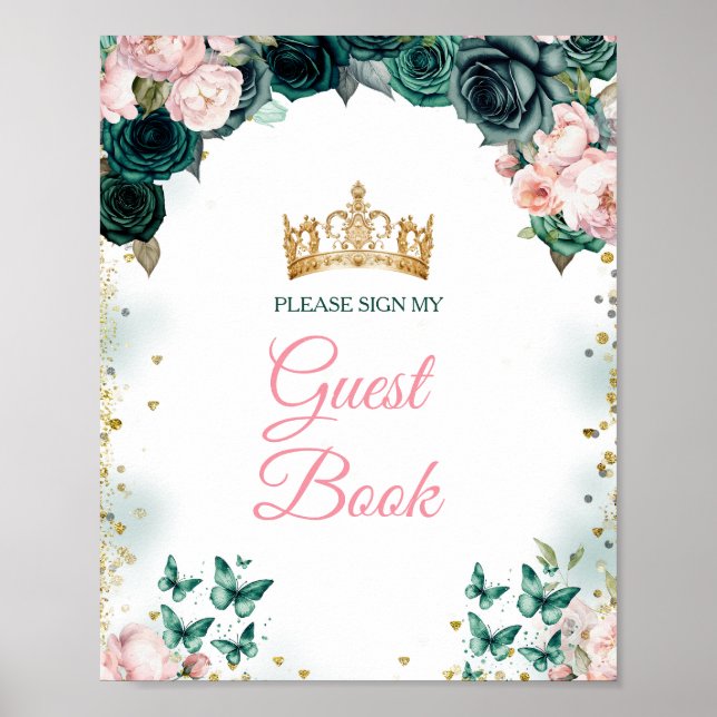 Emerald Green Quinceañera Pink Floral Guest Book (Front)