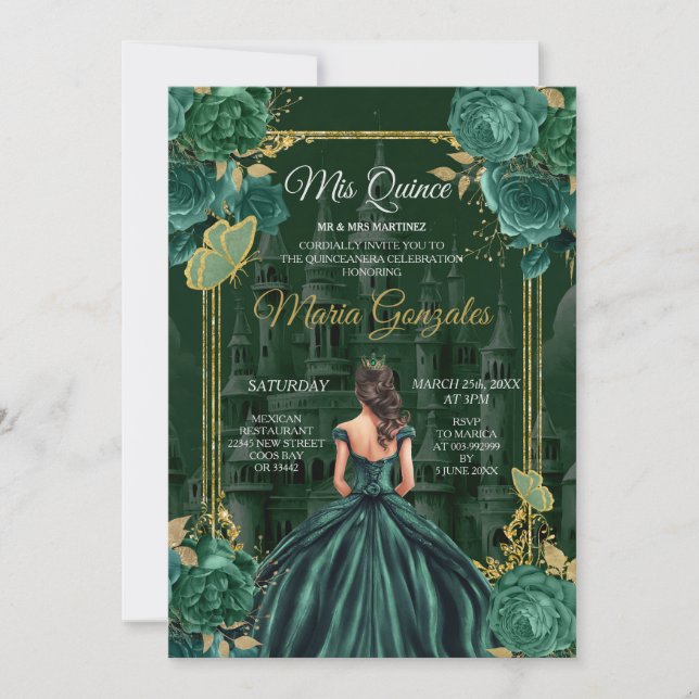  Emerald Green Quinceañera Princess Butterfly Invitation (Front)