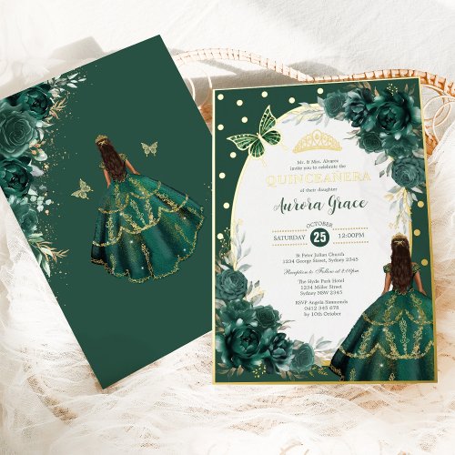 Emerald Green Quinceanera Princess Butterfly Party Foil Invitation
