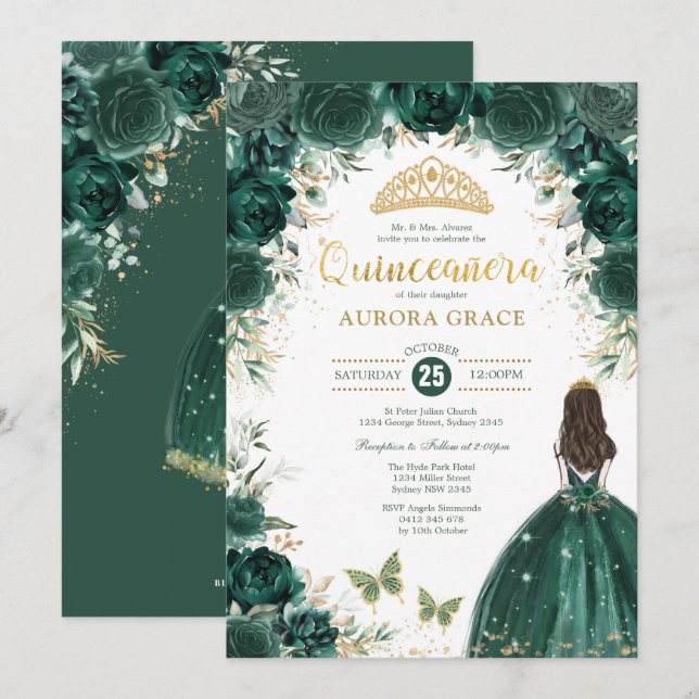 Emerald Green Quinceañera Princess Mis Quince Anos Invitation (Front/Back)