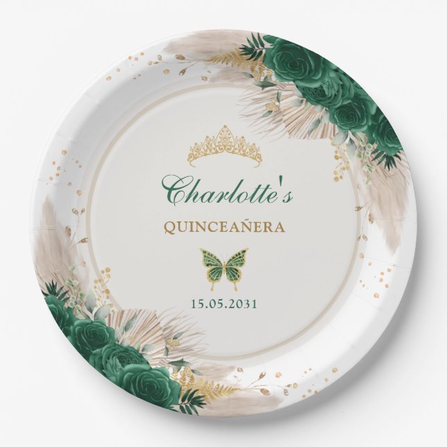 Emerald Green Quinceanera Princess Miss Quince 15 Paper Plates (Front)