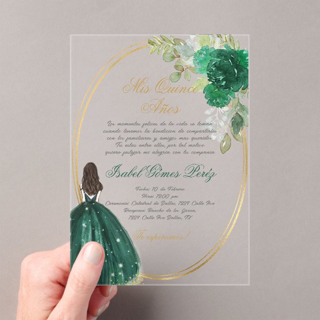 Emerald green Quinceanera silhouette  Acrylic Invitations (Insitu (Handheld))