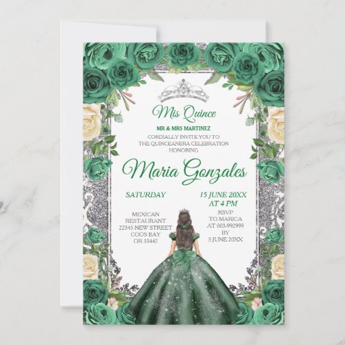 Emerald Green Quinceanera Silver Crown Glitter Invitation