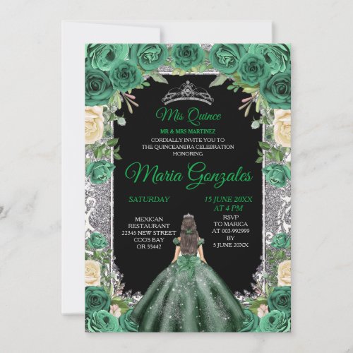 Emerald Green Quinceanera Silver Crown Glitter Invitation