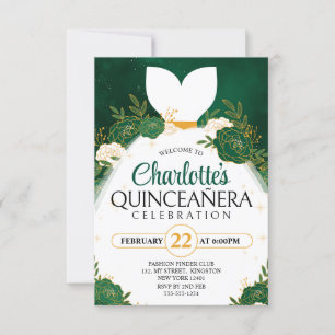 Emerald Green Quinceañera White Princess Dress Invitation