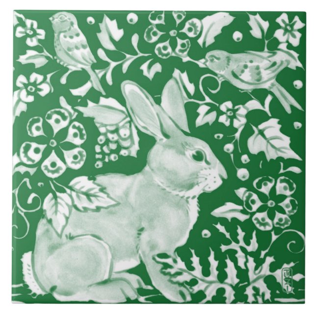 Emerald Green Rabbit Bird Woodland Floral Art Ceramic Tile (Front)