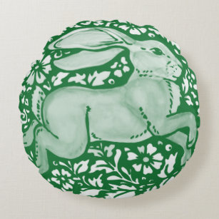 Emerald Green Rabbit Bunny Hare Cottagecore  Round Pillow