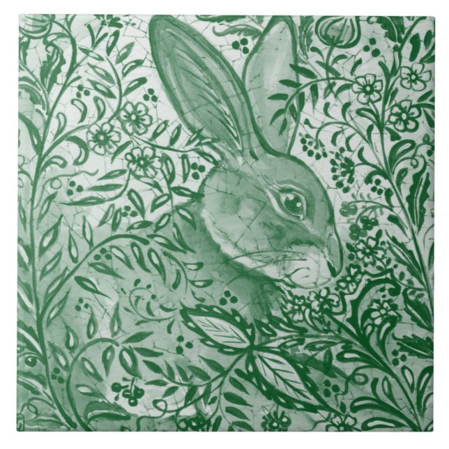 Emerald Green Rabbit Bunny Intricate  Floral Leaf Ceramic Tile (Front)