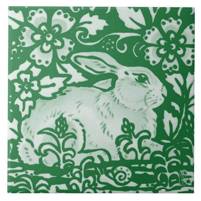 Emerald Green Rabbit Bunny Snail Floral Garden Ceramic Tile (Front)