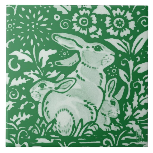 Emerald Green Rabbit Mom Family Chinoiserie Floral Ceramic Tile (Front)