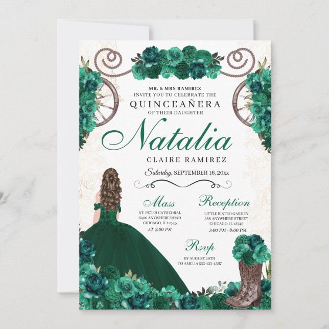 Emerald Green Ranchero Princess Dress Quinceanera Invitation (Front)