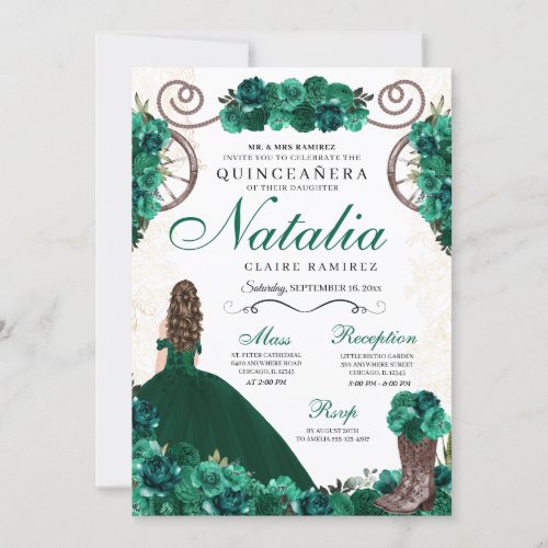 Emerald Green Ranchero Princess Dress Quinceanera Invitation