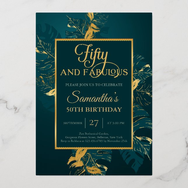 Emerald green real gold foil fifty and fabulous invitation (Front)